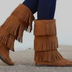 Minnetonka Fringe 3 Layer Suede Boots Tan Sz-10